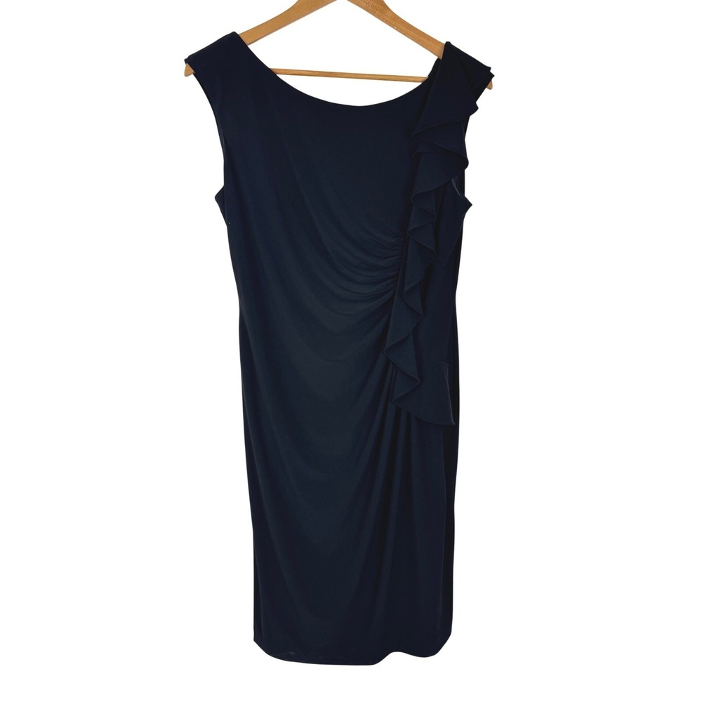 Black Sleeveless Ruffle Front Ruched Sheath Cocktail Dress‎ LBD 12 Petite